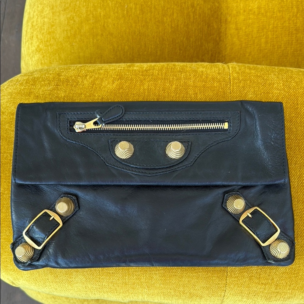 Balenciaga “Giant” Black Leather Clutch with Gold Details